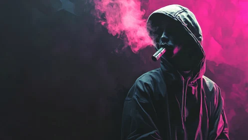 Hooded figure vaping in neon pink smoke digital portrait.