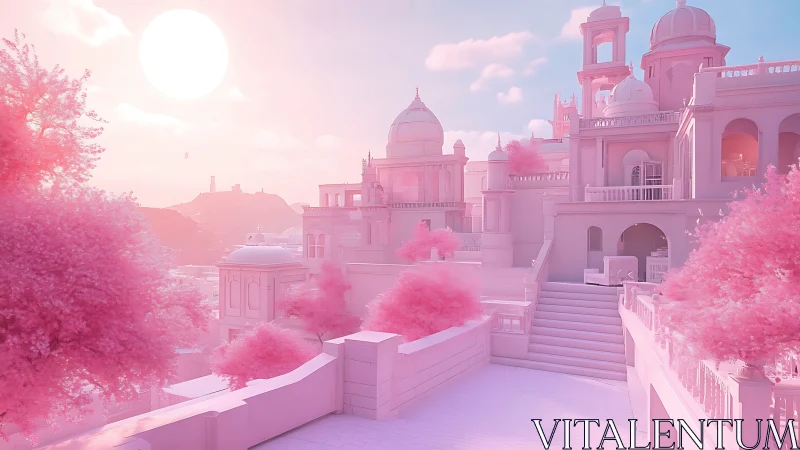 Dreamy pink sunrise over a tranquil cotton candy city.