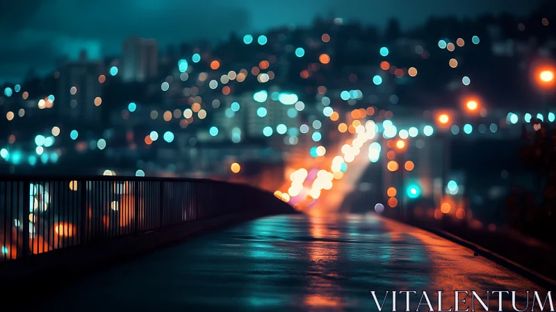 Urban bridge surface reflects defocused city traffic lights