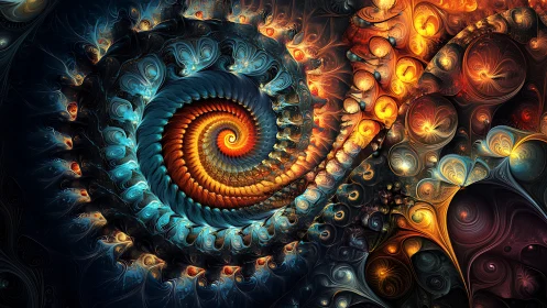 Fractal spiral vortex renders bioluminescent chromatic turbulence