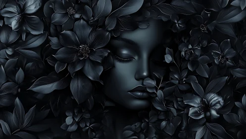 Monochrome female face rendered among dense floral forms