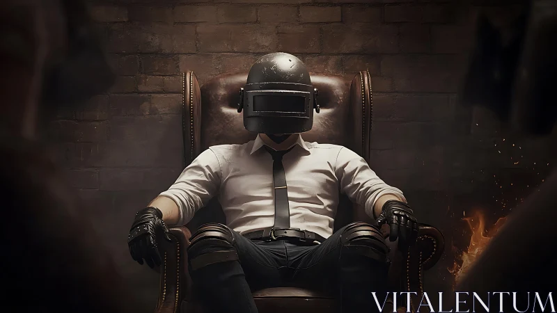 Ballistic-helmet tactician seated in chiaroscuro command interior.