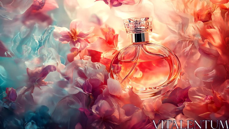 Romantic perfume bottle glows softly among dreamy florals