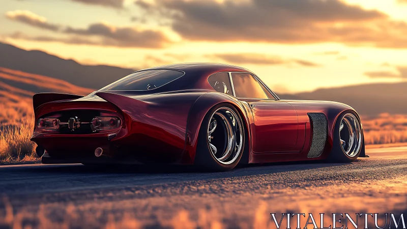 Red widebody sports car rendered on desert road at sunset