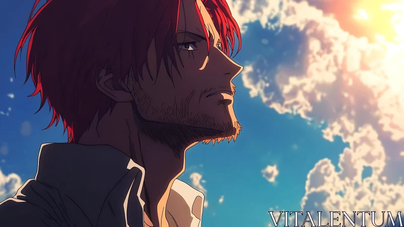 Sunlit red‑haired man in profile against glowing sky clouds.