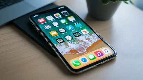iPhone X displaying iOS home screen with app icons on desk.