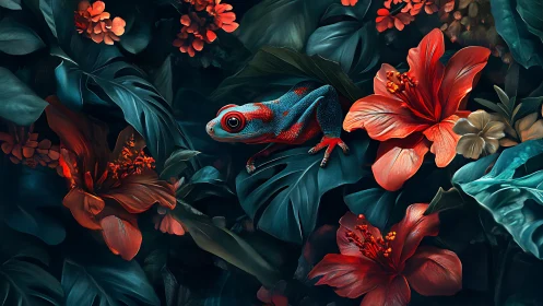 Jungle jeweler lizard lounges among midnight hibiscus blooms