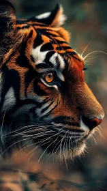 Tiger profile close-up with sharp detail and warm light.