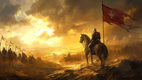 Armored horseman with banner overseeing distant battlefield.