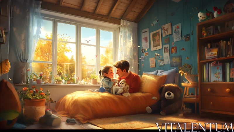 Digital illustration depicting warm family moment in sunlit bedroom with autumn ambiance