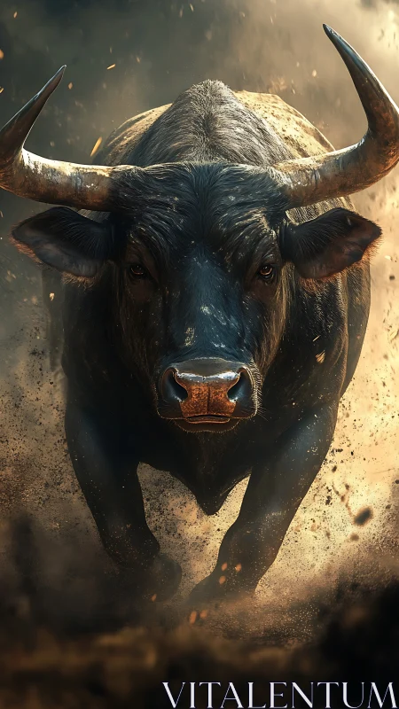 Charging black bull in cinematic dust and ember storm.