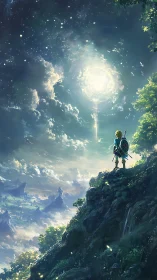 Heroic figure surveys luminous valley under celestial vortex