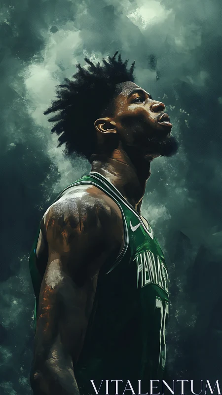 Powerful basketball portrait rises from stormy green haze