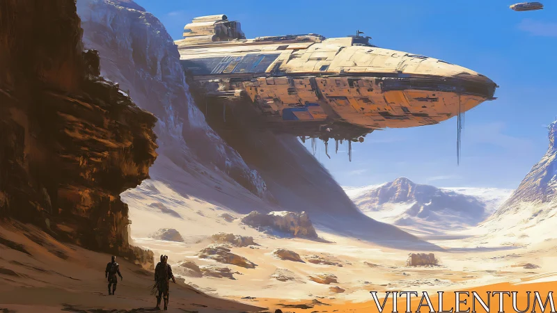 Concept art of desert canyon with hovering starship structure.