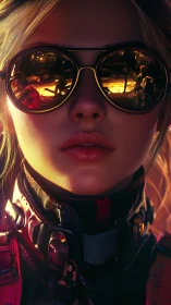 Futuristic woman in reflective goggles and tactical gear closeup.