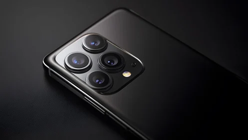 Sleek black smartphone with quad camera, modern minimalist style.