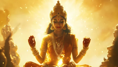 Golden goddess in meditation wrapped in ceremonial firelight.