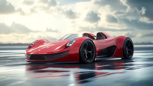 Low-slung red electric speedster on wet runway under storm clouds