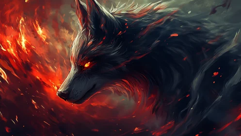 Wolf profile is rendered amid dynamic red-orange flames