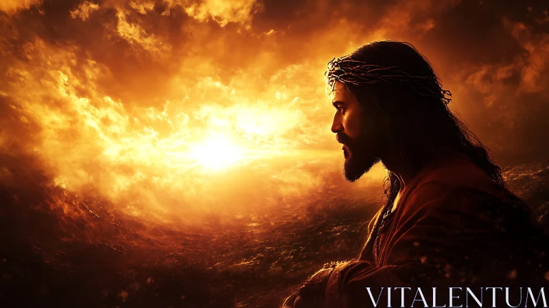 Profile of robed man with crown before intense sunset sky.