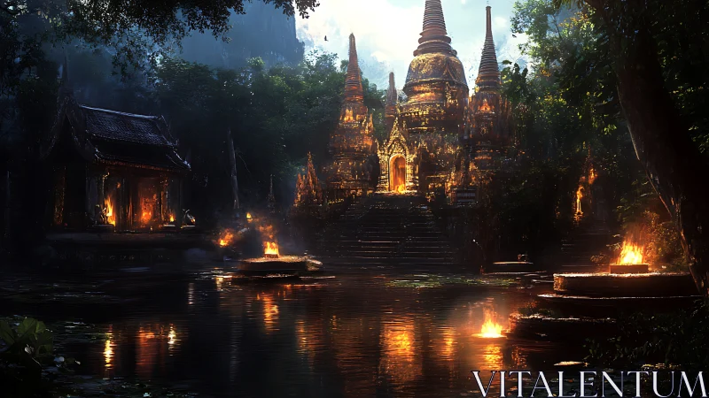 Luminous jungle temple rendered with dramatic volumetric firelight