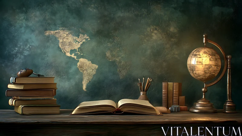 Vintage study desk composes global learning narrative in chiaroscuro