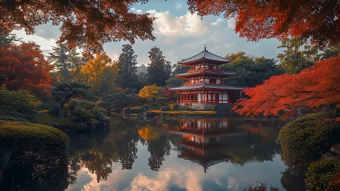 Symmetrical pagoda reflected across still pond under dense autumn canopy
