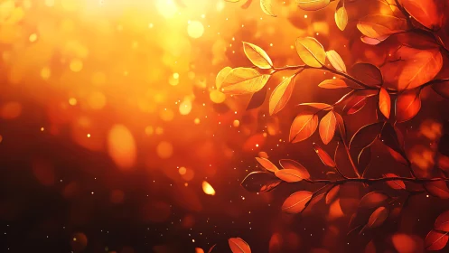 Autumn leaves glow against golden bokeh sunset background.