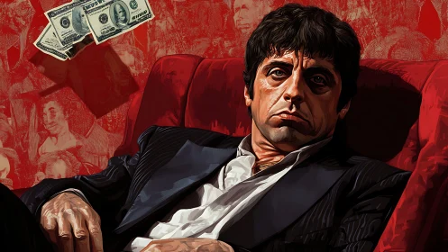 Cinematic digital portrait of suited man on red armchair.