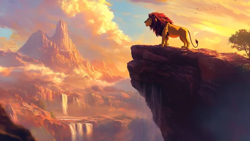 Sunrise crowns a proud lion watching waterfalls below