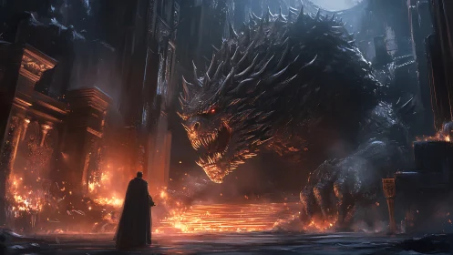 Lone hero stands before a colossal, firelit dragon guardian.