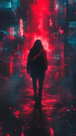 Lone silhouette walks through neon red cyberpunk alleyway