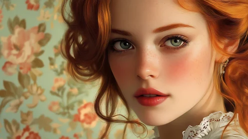 Red haired woman portrait with floral wallpaper background.