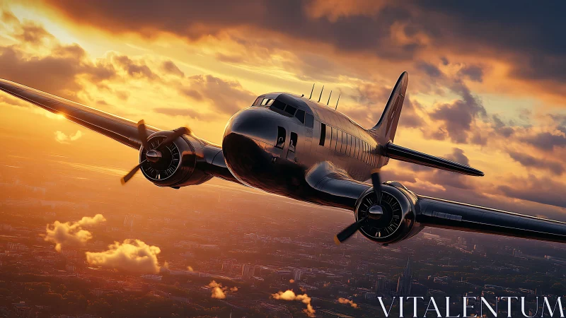 Vintage propeller airliner crossing glowing sunset sky.