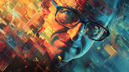 Smiling data-dreamer dissolving into neon geometry.