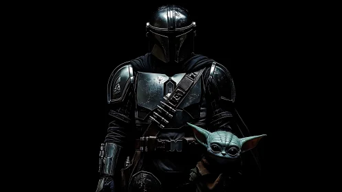 Steel-clad wanderer stands guard beside luminous child