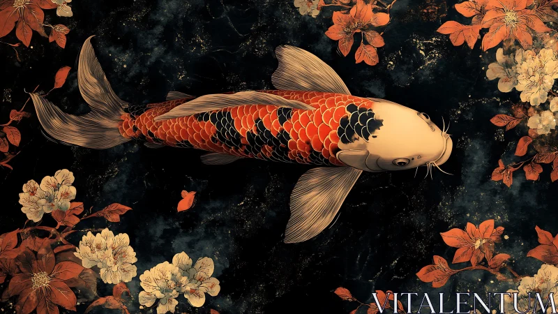 Golden koi drifts through dark florals in tranquil elegance