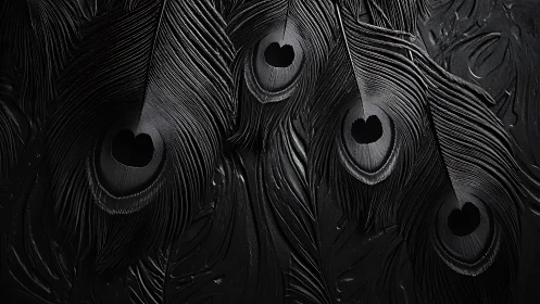 Black peacock feathers form sculptural monochrome pattern.