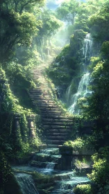 Sunlit stone stairway ascends through lush waterfall forest.