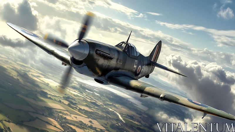 WWII single-seat fighter executing high-bank atmospheric turn.