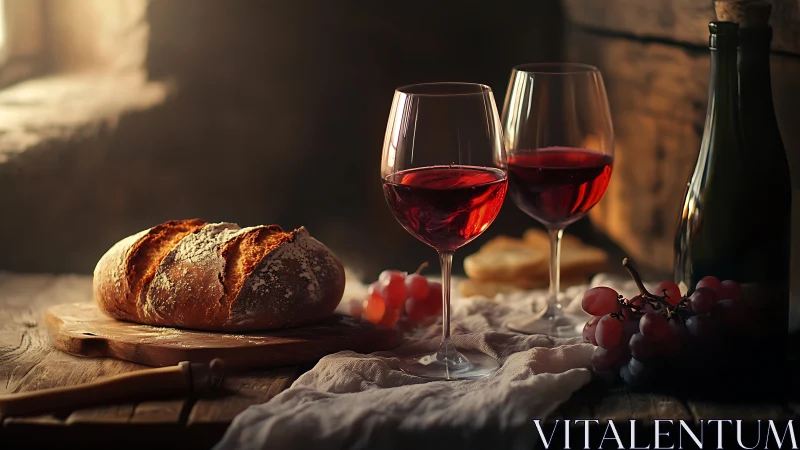 Rustic still life with red wine, loaf of bread, and grapes.