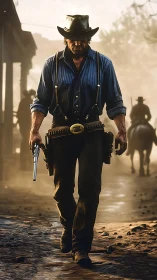 Gritty gunslinger strides through dusty frontier street.