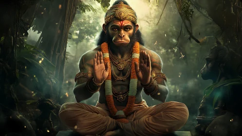 Peaceful monkey sage offering calm blessings in jungle.