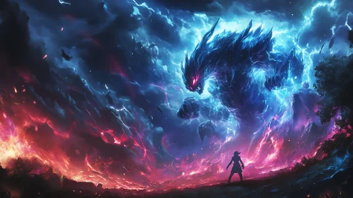 Silhouetted figure facing large lightning creature in storm