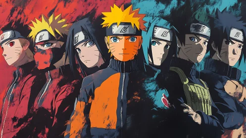 Naruto-inspired ninja lineup splits between red and blue realms.