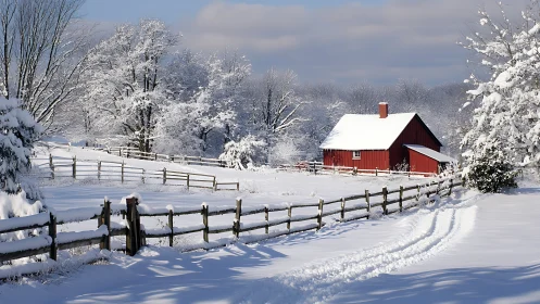 Winter farmhouse landscape with red barn and snow trails.