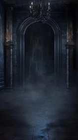 Dark stone hallway recedes beneath archway and chandelier