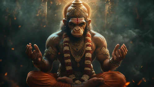 Meditating monkey deity in ember-lit divine stillness.