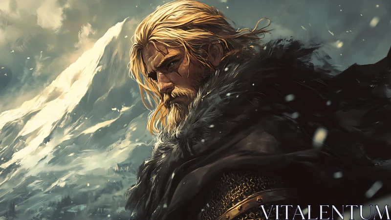 Blond armored figure stands before a snow-covered mountain