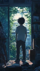 Backlit dreamer at a vine-wrapped doorway between worlds.